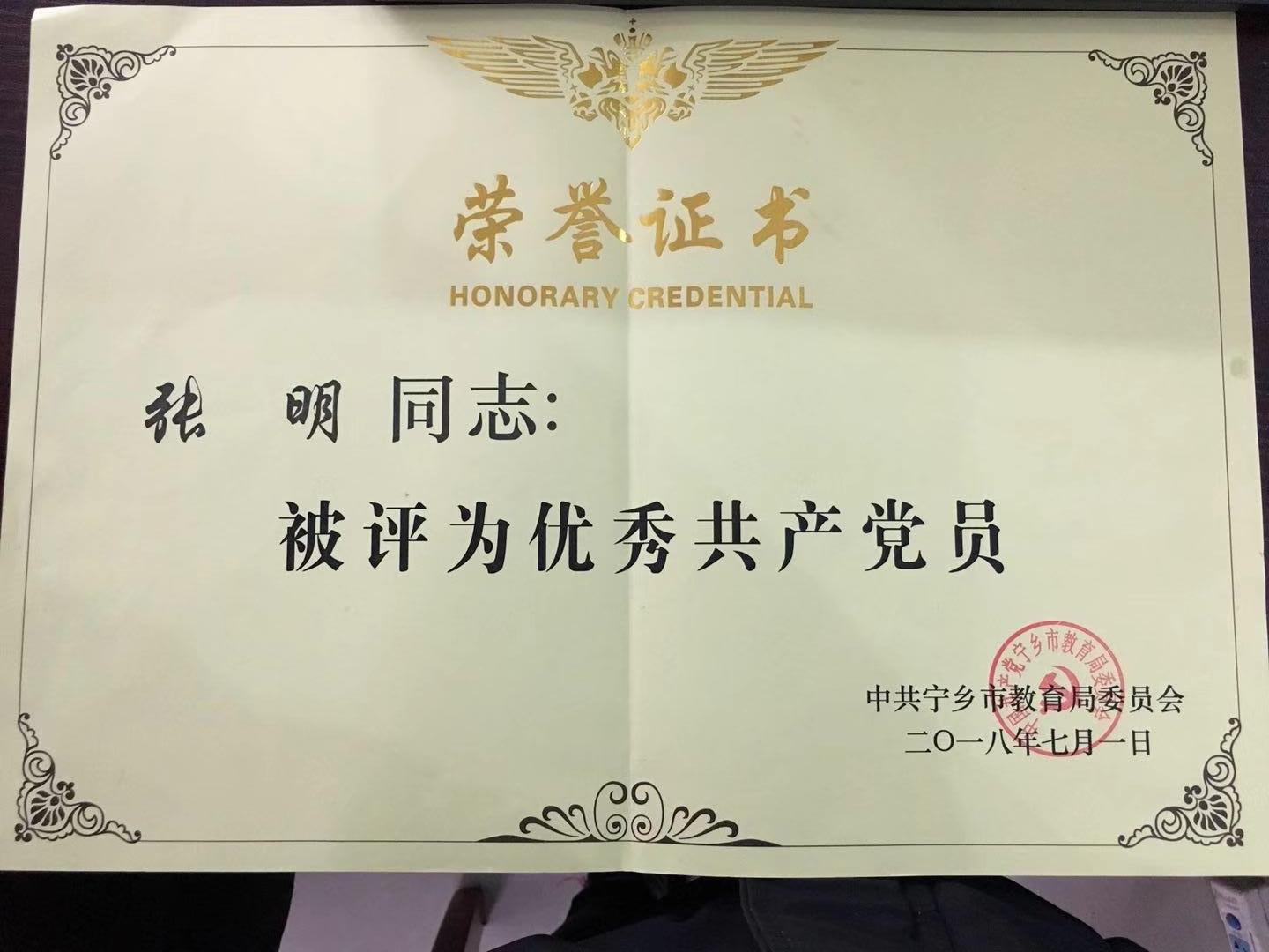 2018年宁乡市“优秀共产党员”——张明副书记