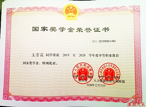 王雪霖同学荣获中职教育“国家奖学金”